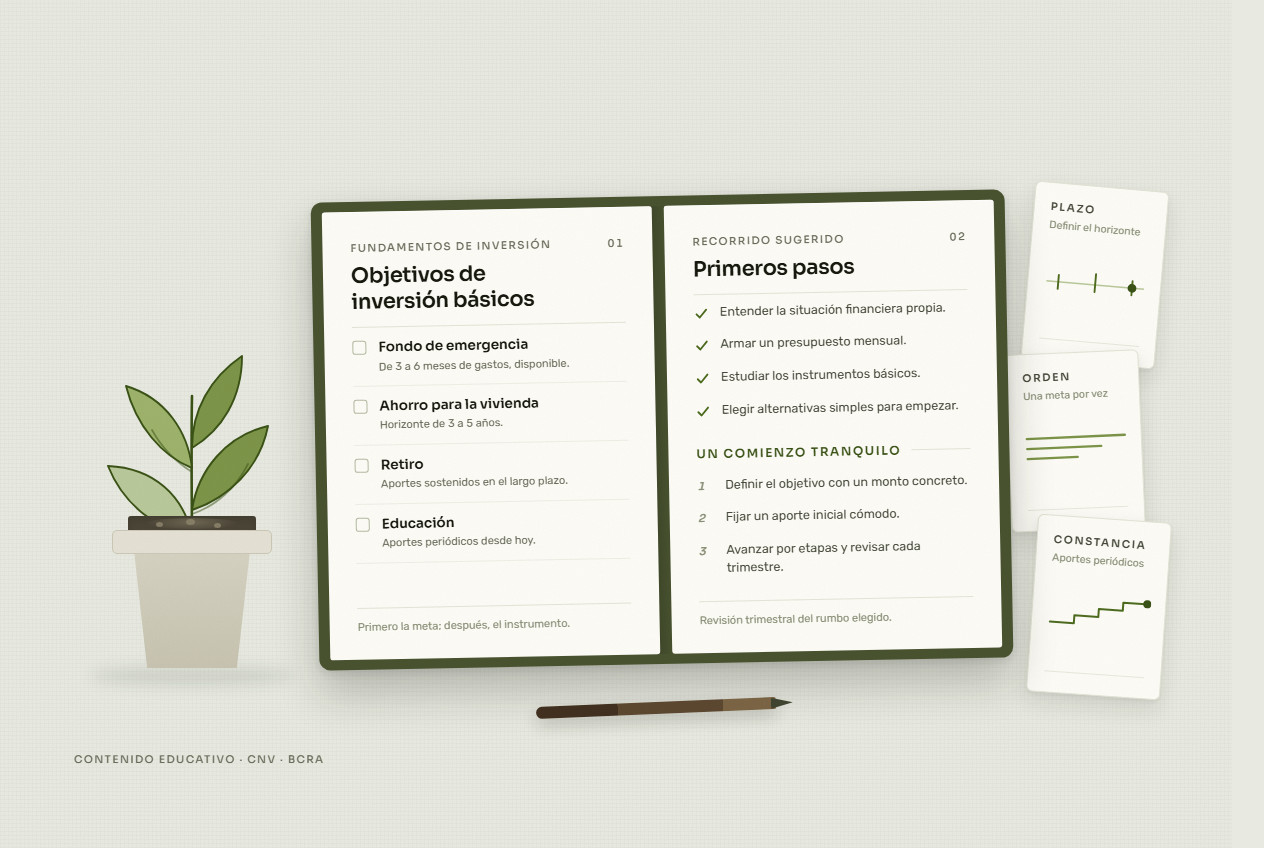 Cuaderno de fundamentos de inversión con una lista de objetivos y primeros pasos