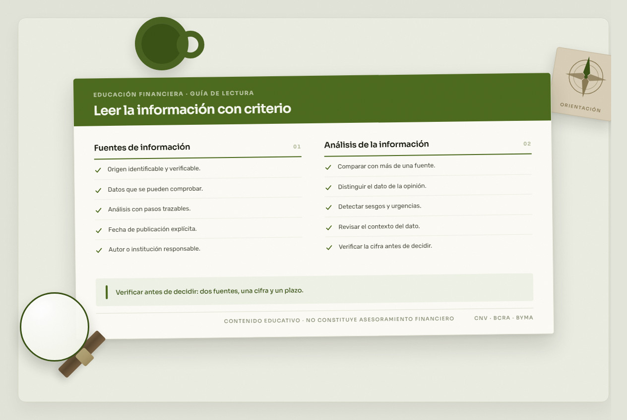 Notas de educación financiera con una lista de fuentes de información y marcas de verificación