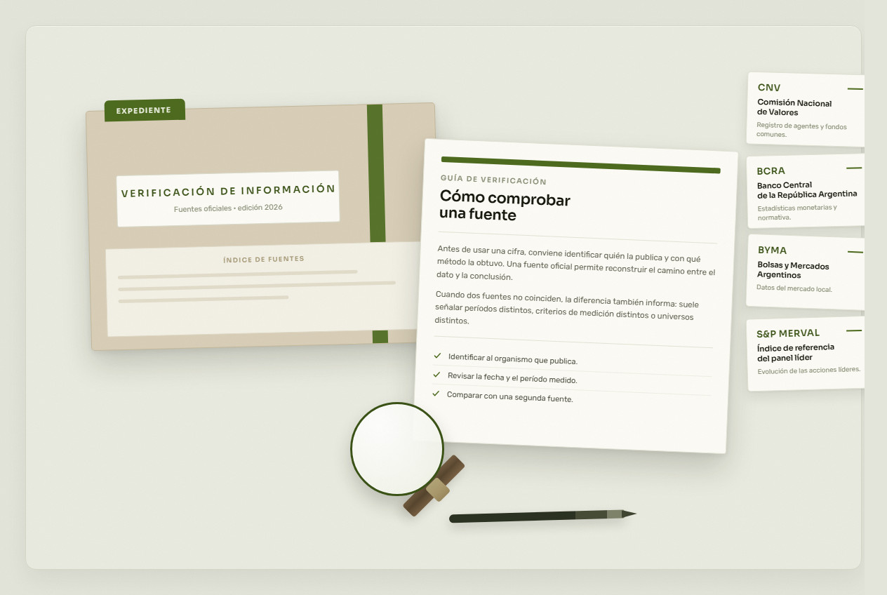 Mesa de referencia con una lista de fuentes oficiales y una carpeta de verificación de información